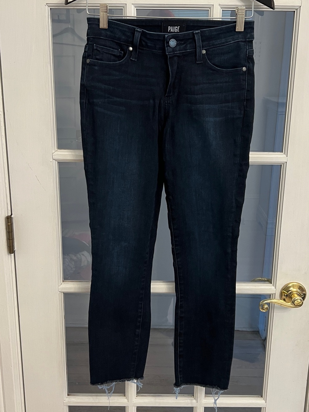 PAIGE Women’s Skyline Skinny Crop Dark Wash Raw Hem Jeans Size 27
